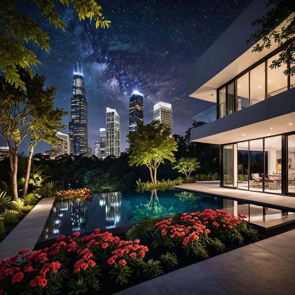A stunning night scene showcasing a modern architectural marvel illuminated by ethereal lighting. Surrounding the building, lush landscapes are artfully lit with soft, ambient lights that highlight the textures of nature. Starry sky above adds depth, while hints of colorful city lights suggest life beyond. The composition harmoniously blends architecture and nature, creating a serene yet inspiring atmosphere. super-realistic. vibrant colors. dark background.