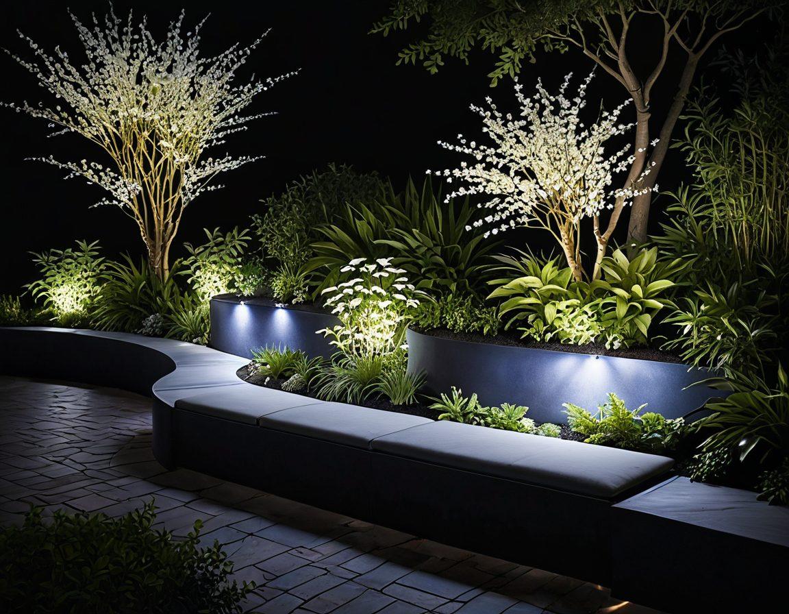 A serene outdoor setting illuminated by enchanting FX lighting, with layered soft glows in various colors enhancing plants and pathways. Include stylish modern outdoor solutions like sleek benches and decorative light fixtures, creating a magical atmosphere. The scene should evoke feelings of wonder and tranquility under a starry night sky. super-realistic. vibrant colors. nighttime ambiance.