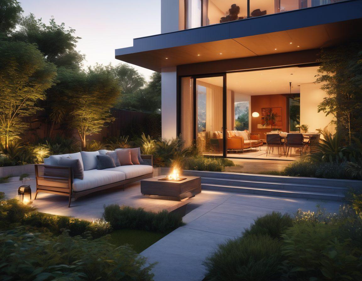 An elegant outdoor space featuring modern energy-efficient lighting, solar panels integrated into stylish furniture, and lush greenery. Show a family enjoying an evening together with ambient lighting, creating a cozy atmosphere. Include stylish energy-efficient appliances and a vibrant sunset in the background to evoke a sense of sustainability and innovation. super-realistic. vibrant colors. 3D.